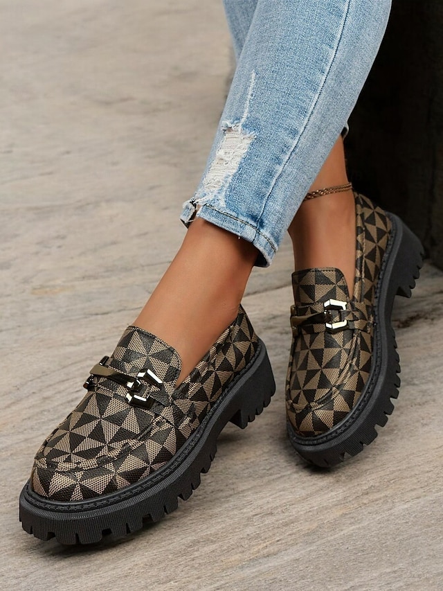  Mocasines gruesos con diseño geométrico para mujer con hebilla de metal: zapatos modernos sin cordones con suela dentada para un estilo informal y urbano
