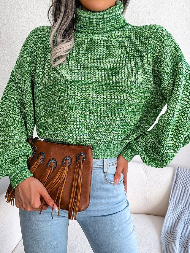 Women's Sweater HighNeck Green Chunky Knit Sleeve Tassel