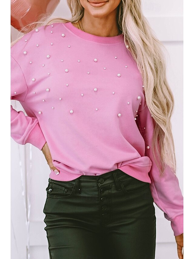 Women's Shirt Blouse Solid Color Basic Casual Long Sleeve Bishop Sleeve Crew Neck Regular Tops Daily Patchwork Beaded Pink Fall Winter4