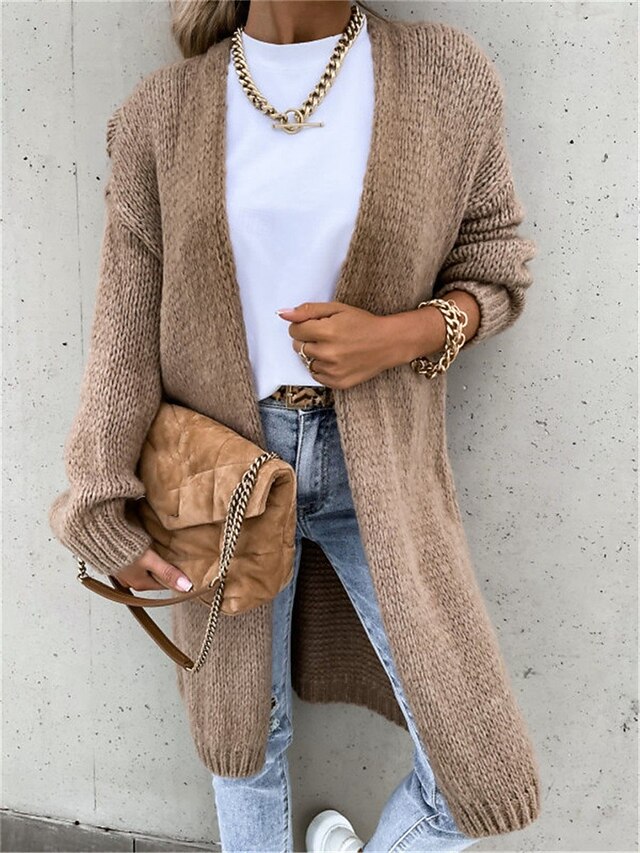 Women's Sweater Cardigan Casual Soft Pure Color Ribbed Open Front Knitted Long Sleeve Long Tops Knit Outdoor Daily Weekend Pink Green Fall Winter 13