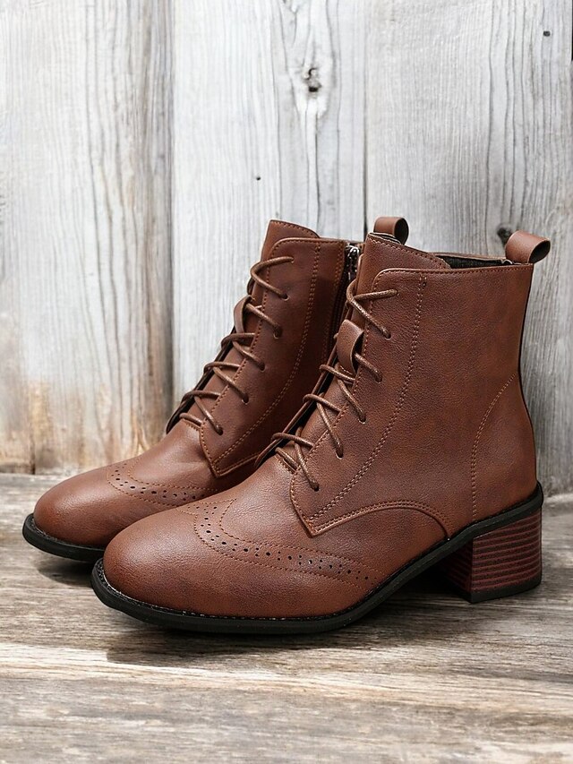 Women's Brown Lace-Up Ankle Boots with Brogue Detailing – Vintage Block Heel Boots for Casual and Everyday Wear 12
