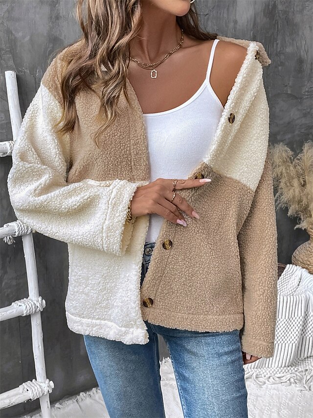 Women's Fleece Jacket Teddy Coat Warm Breathable Pocket Fleece Lined Casual Color Block Vacation Street Daily Wear Going out Single Breasted Regular Turndown Regular Fit Long Sleeve Outerwear Brown 11