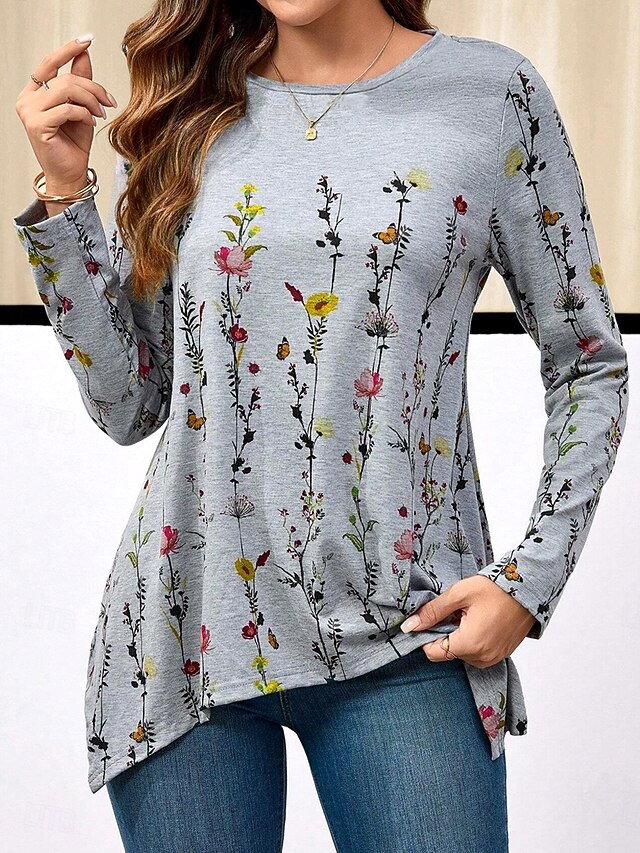 Women's Tunic T Shirt Floral Casual Long Sleeve Crew Neck Regular Tops Daily Print Asymmetrical Gray Spring & Fall4