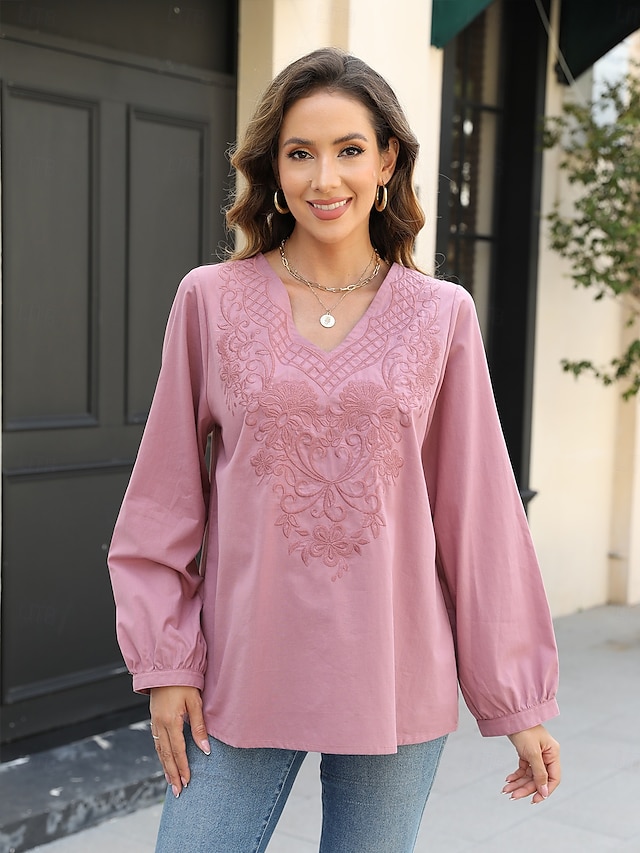  Per donna Camicia Boho Camicie ispirate al lino Floreale Casual Manica Lunga Manica a Vescovo Scollo a V Top Regolari Vacanza Lavoro Quotidiano Ricamato Rosa Autunno Autunno & Inverno