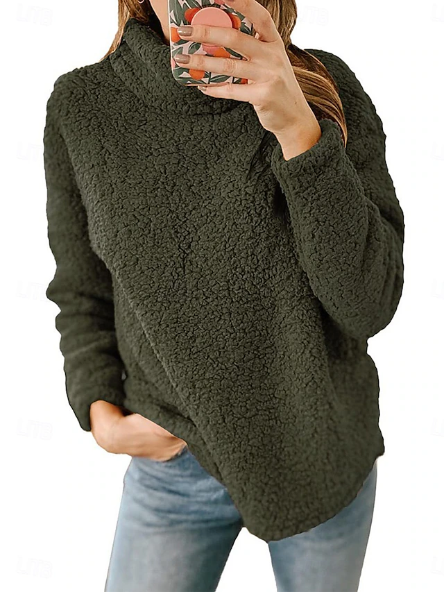 Women's Sweatshirt Casual Sherpa Plain Street Dailywear Turtleneck Print Long Sleeve Green Beige Gray Fall Winter 13