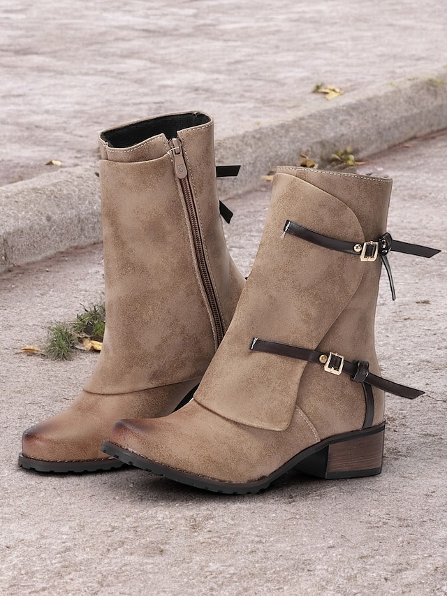 Women's Casual Faux Leather Ankle Boots – Side Zipper, Double Buckle Straps, and Stacked Heel for Everyday Wear 15