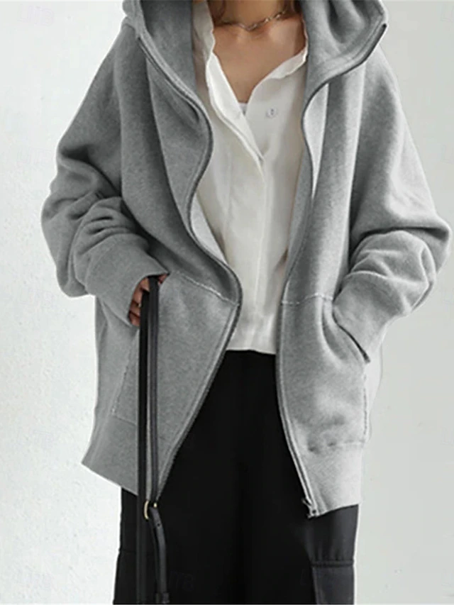 Women's Hoodie Jacket Outdoor Street Daily Wear Fall Winter Regular Coat Regular Fit Thermal Warm Breathable Stylish Casual Jacket Long Sleeve Plain with Pockets Full Zip Black Red Green 9