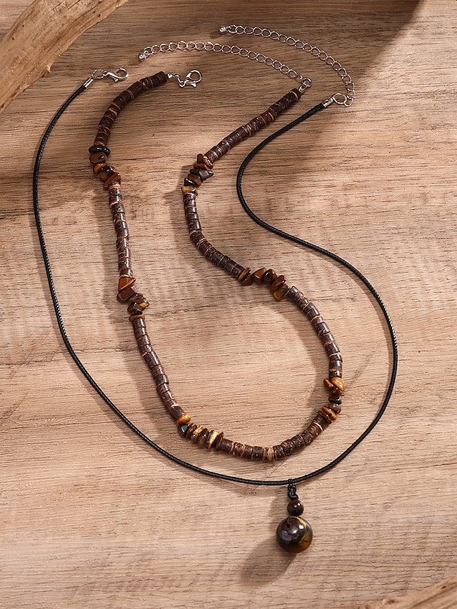  Men's Boho Layered Necklace with Wooden Beads and Pendant – Tribal-Inspired Double-Strand Necklace for Casual and Beachwear Style