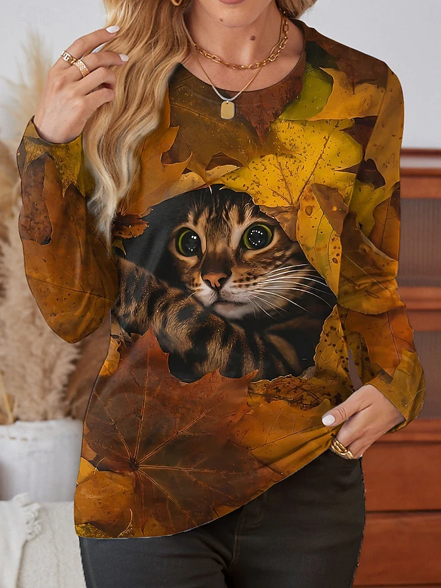 Women's T shirt Crew Neck Long Sleeve Tunic Cat Casual Regular Tops Daily Print Brown Spring Fall4