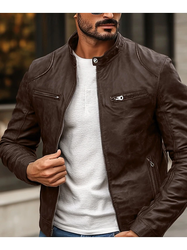 Men's Faux Leather Jacket Biker Jacket Motorcycle Jacket Daily Thermal Warm Rain Waterproof Zipper Fall & Winter Solid Colored Punk Vintage Stand Collar Regular Black Blue Brown Coffee Jacket 9