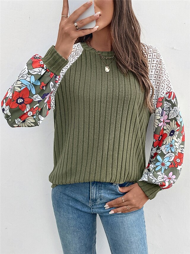  Femme Pull Chandail Pull Décontractées Flexible Floral A côtes Col Ras du Cou Patchwork Tricoté Imprimer manche longue Hauts réguliers Tricoter Extérieur du quotidien Fin de semaine Vert Automne Hiver