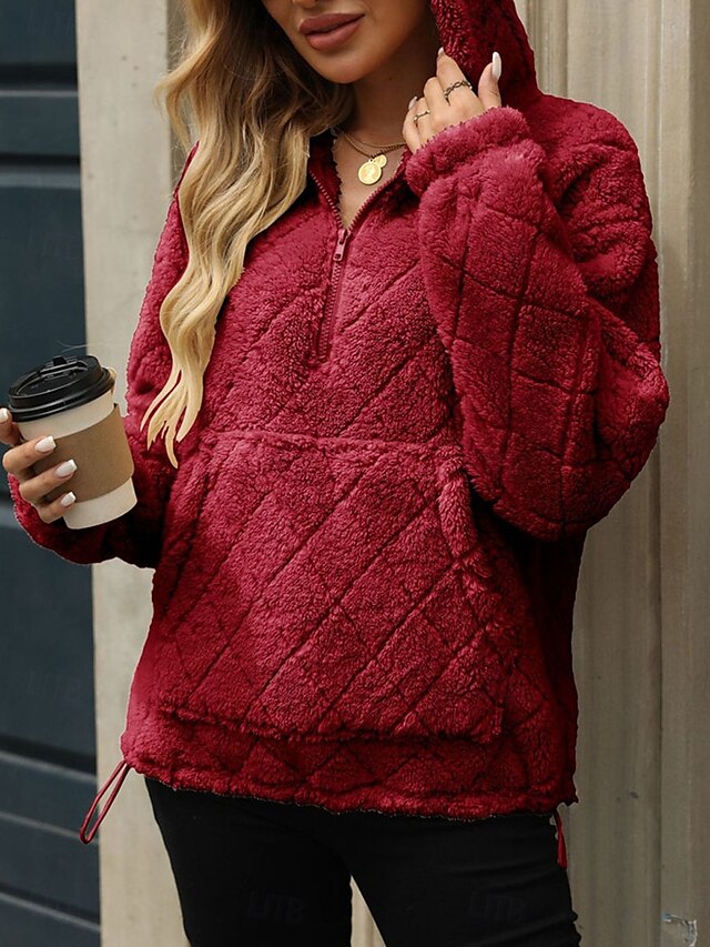  hanorac cu fermoar pentru damă hanorac casual sherpa fleece uni stradă îmbrăcăminte zilnică buzunar cu glugă cu jumătate de fermoar mânecă lungă negru roșu bej toamnă iarnă