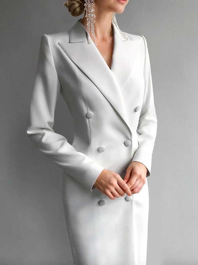 Tuxedo Dress Sheath Formal Wedding Guest Stretch Crepe Elegant Long Sleeve Tea Length Peak Lapel Double Breasted 5