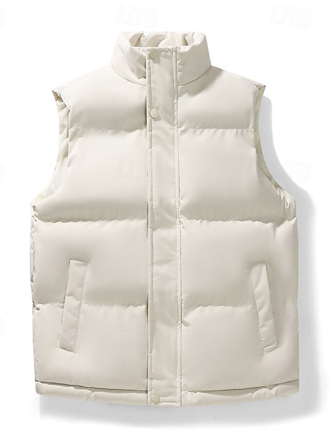 Herre Puffer Vest Daglig Afslappet Forår & Vinter Lomme Polyester Bekvem Helfarve Lynlås Høj krave Sort Blå Kakifarvet Vest