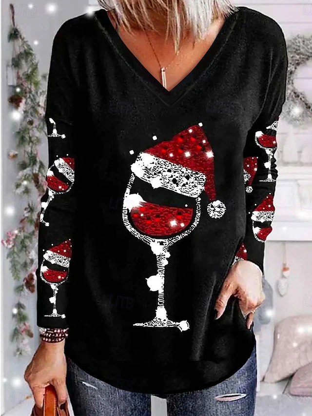 Women's Blouse V-Neck Print Santa Hat Wine Glasses Holiday Tee Black Festive Casual Party Top Comfortable 12