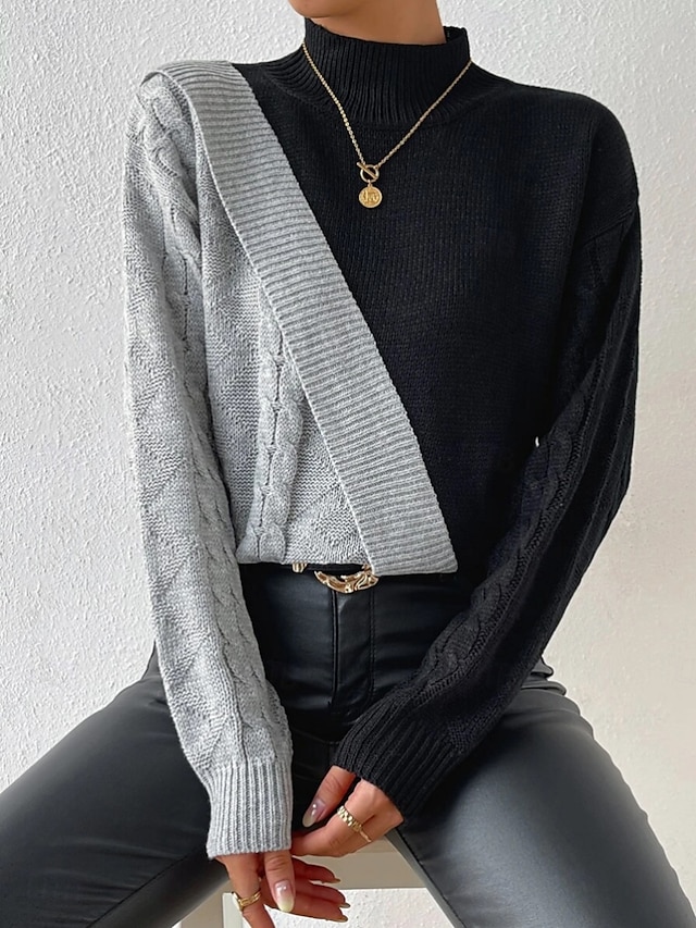  Női Pulóver Elegáns Divat Napi Színes Mock Neck Kötött Hosszú ujj Normál felsők Kötött Munka Fekete Ősz Tél