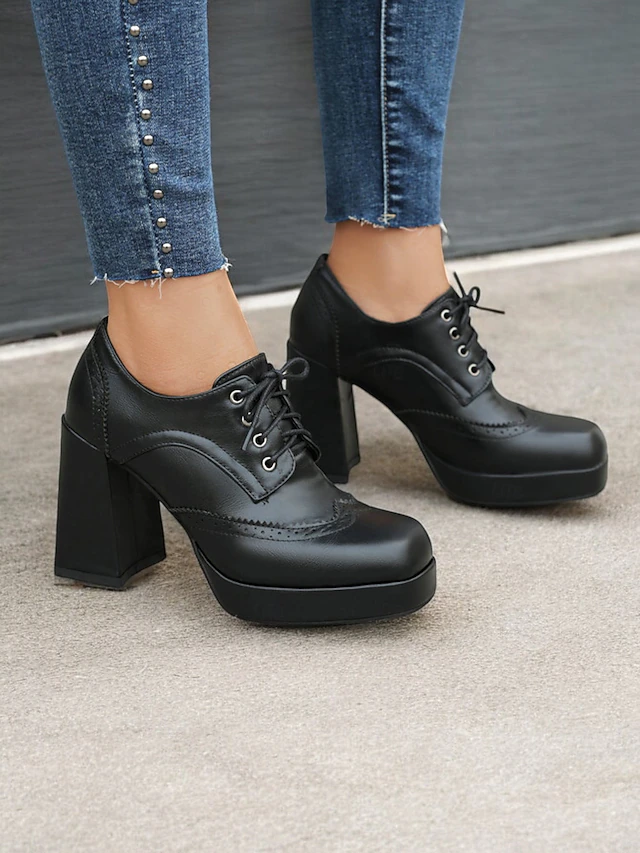 Women's Vintage Oxford Platform Heels with Lace-Up Design – Chunky Block Heel in Rich Brown Faux Leather for Retro and Formal Looks 13