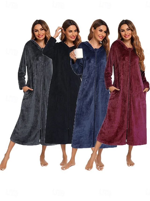 Women's Pajamas Pure Color Fashion Simple Home Fleece Warm Long Sleeve Robe Top Fall Winter Home Outfits 8