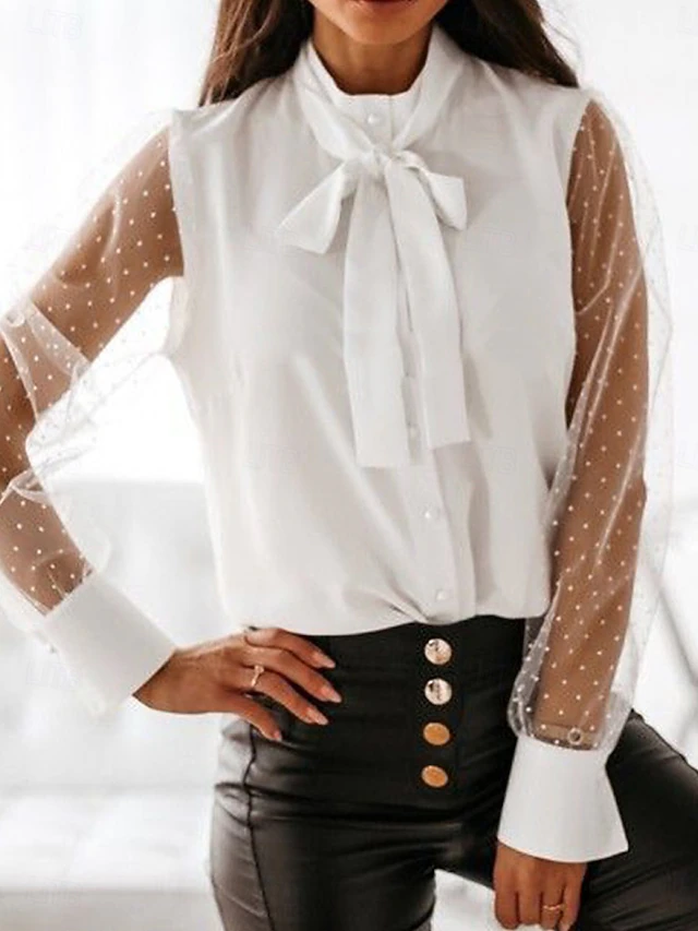 Women's Shirt Blouse Solid Color Basic Casual Long Sleeve Turtleneck Regular Tops Daily Tie Front Mesh Patchwork Black White Fall Winter 10