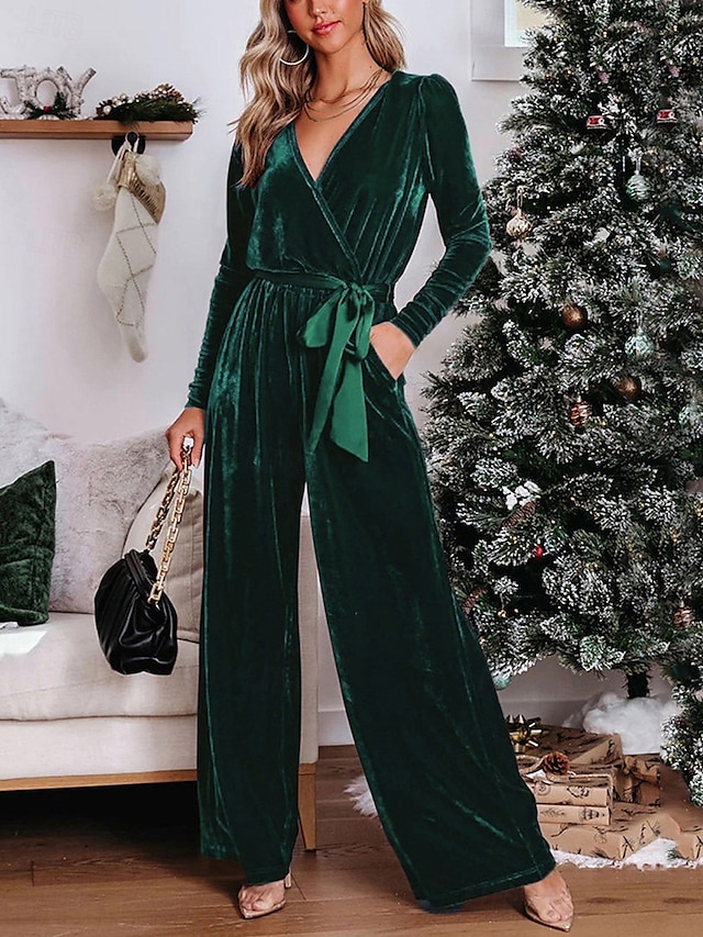  Dam Vanligt Jumpsuits Stylish Ensfärgat Långärmad Djup V-hals Bältade Semester Fest Normal Svart Rubinrött Blå Vår