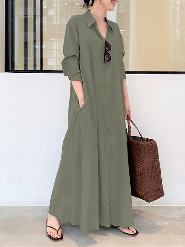  Robe chemise Robe casual Robe unie Femme Robe Maxi Bouton Poche Sport & Loisir Plein Air Décontractées Col de Chemise manche longue Standard Noir Vert Café S M L XL 2XL