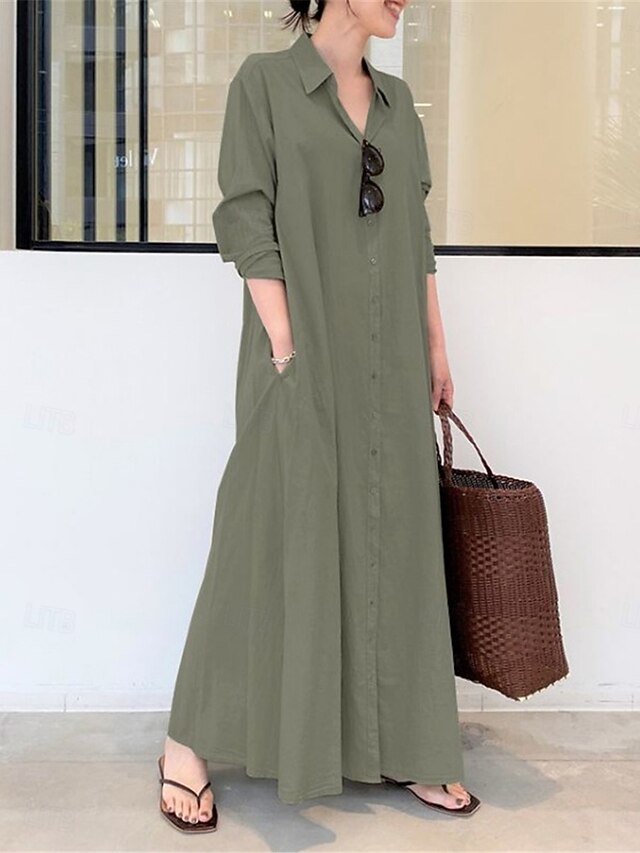 Women's Shirt Dress Maxi Dress Button Pocket Casual Shirt Collar Long Sleeve Black Green Coffee Color 5