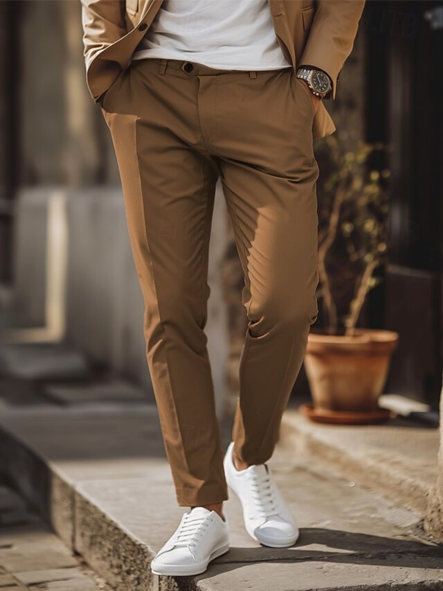Men's Dress Pants Long Solid Color Inelastic Slim Fit White Brown 2023