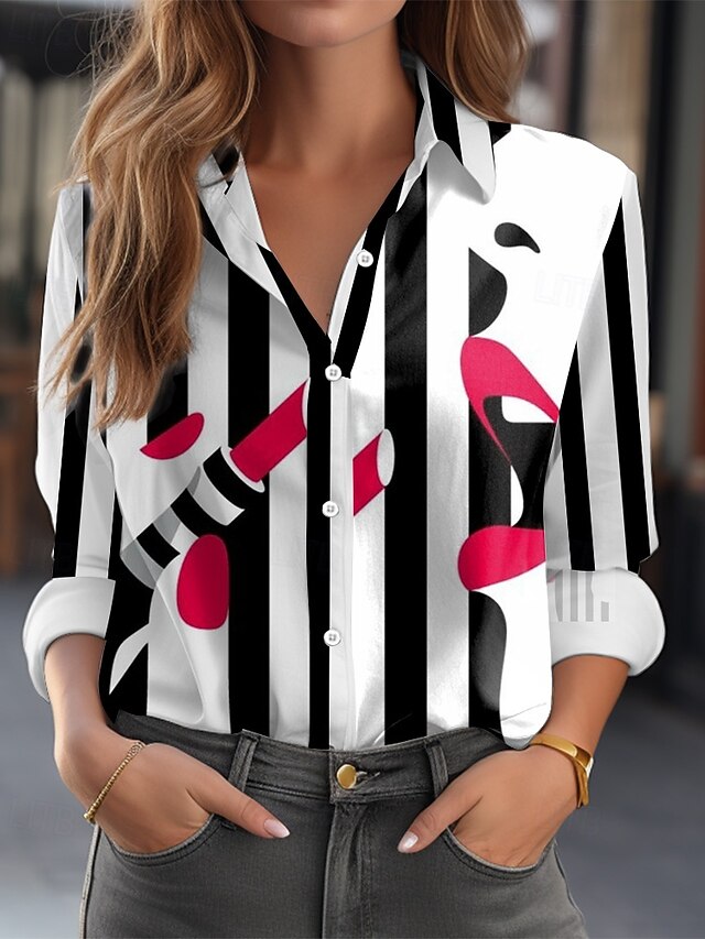 Women's Shirt Blouse Black and White Striped Color Block Face Printed
