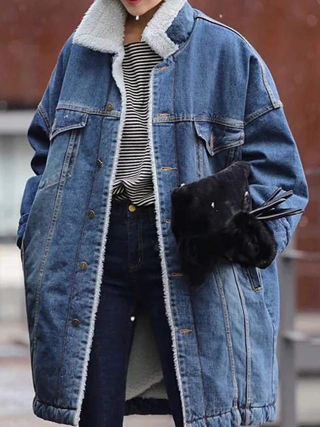 Women's Fleece Jacket Teddy Coat Denim Jacket Warm Breathable Pocket Fleece Lined Casual Plain Vacation Street Daily Wear Going out Single Breasted Long Turndown Regular Fit Long Sleeve Outerwear Blue 5