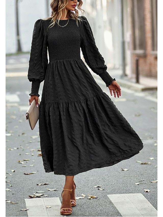  robe de travail pour femme robe noire robe d'hiver élégante robe longue robe maxi plissée col rond manches longues uni coupe ample noir printemps automne s m l xl