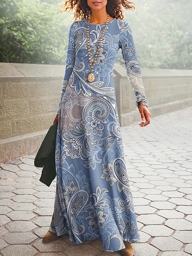 St. Patrick Women's Maxi Dress Boho Dress Print Dress Fashion Puff Sleeve Vacation Daily Holiday Regular Fit Graphic Tribal Long Sleeve Crew Neck Blue Dark Blue Spring Fall Winter 5