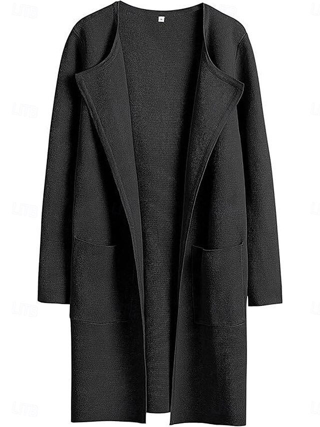  Femme Manteau d'hiver Chaud Respirable Poche Décontractées Plein Vacances Plein Air Usage quotidien Sortie Ouvrir le devant Longue Col rabattu Standard manche longue Vêtements d'extérieur Noir Marron