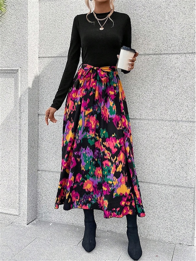 Women's Floral Stand Collar Maxi Dress Long Sleeve Spring Fall 6