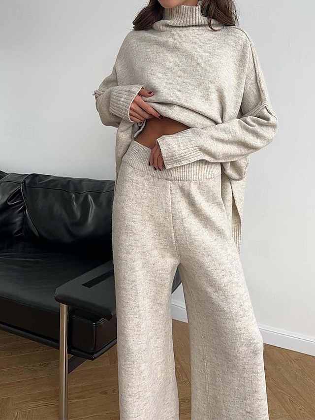  Women's Sweater Co-ords Sweater Set Casual Soft Pure Color Ribbed Turtleneck Split Knitted Long Sleeve Regular Tops Knit Outdoor Daily Weekend Khaki Dark Gray Fall Winter