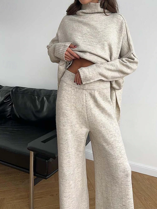 Women's Sweater Co-ords Sweater Set Casual Soft Pure Color Ribbed Turtleneck Split Knitted Long Sleeve Regular Tops Knit Outdoor Daily Weekend Khaki Dark Gray Fall Winter 9