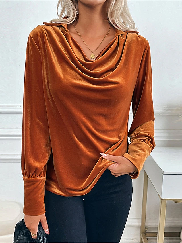 Women's Shirt Velvet Elegant Dressy Solid Color Casual Long Sleeve Cowl Neck Regular Tops Daily Brown Fall Winter 11