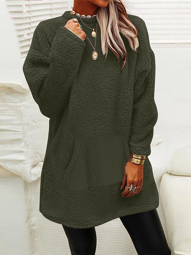  Sudadera de mujer casual sherpa lisa para uso diario cuello redondo bolsillo manga larga rosa azul verde gris otoño invierno