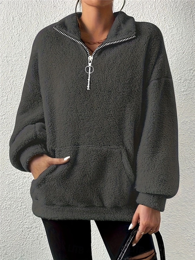  hanorac de damă casual sherpa fleece uni stradă îmbrăcăminte zilnică buzunar cu gât cu jumătate de fermoar cu mânecă lungă maro bej gri toamnă iarnă