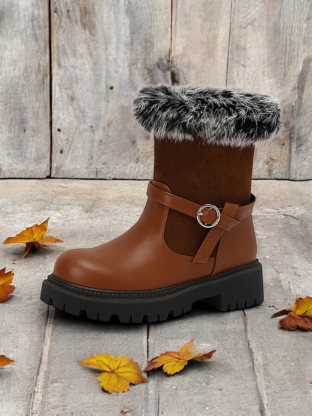  botas de inverno femininas com acabamento em pele sintética – botas de cano curto estilosas e quentes com detalhe de fivela e sola resistente, perfeitas para aventuras ao ar livre em climas frios
