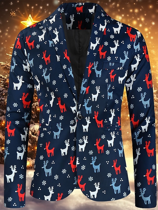  marineblå menns jule stygge blazer jakke trykk blazer lang standard passform enkeltspent enknapp