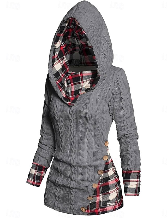  Per donna Felpa Pullover Maglione Informale Morbido A quadri A coste Con cappuccio Collage Lavorato a maglia Manica lunga Top regolari Maglia Esterno Giornaliero Fine settimana Vino Beige Autunno