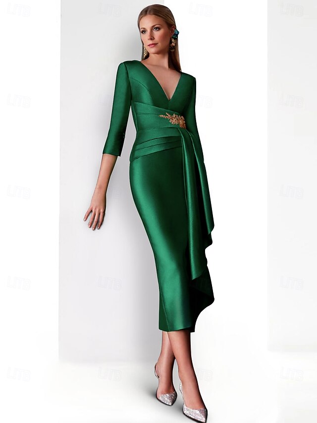 Sheath Cocktail Dresses Elegant Dress Formal Tea Length 3/4 Length Sleeve V Neck Satin with Rhinestone Buttons Dresses4