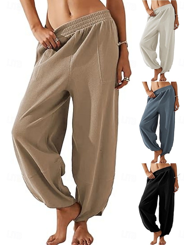  Mulheres chinês Calças Harem Moda Clássico Comprimento total Cintura Alta Tecido Bolsos Cintura elástica Confortável Macio Micro-Elástica Ao ar livre Rua Branco Azul Cáqui Primavera & Outono Normal