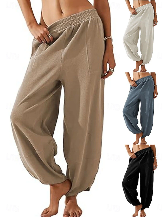 Women's Chinos Harem Pants Fashion Classic & Timeless Full Length High Waist Plain Pocket Elastic Waistband Comfy Soft Comfortable Micro-elastic Outdoor Street White Blue Khaki Spring & Fall Regular 17