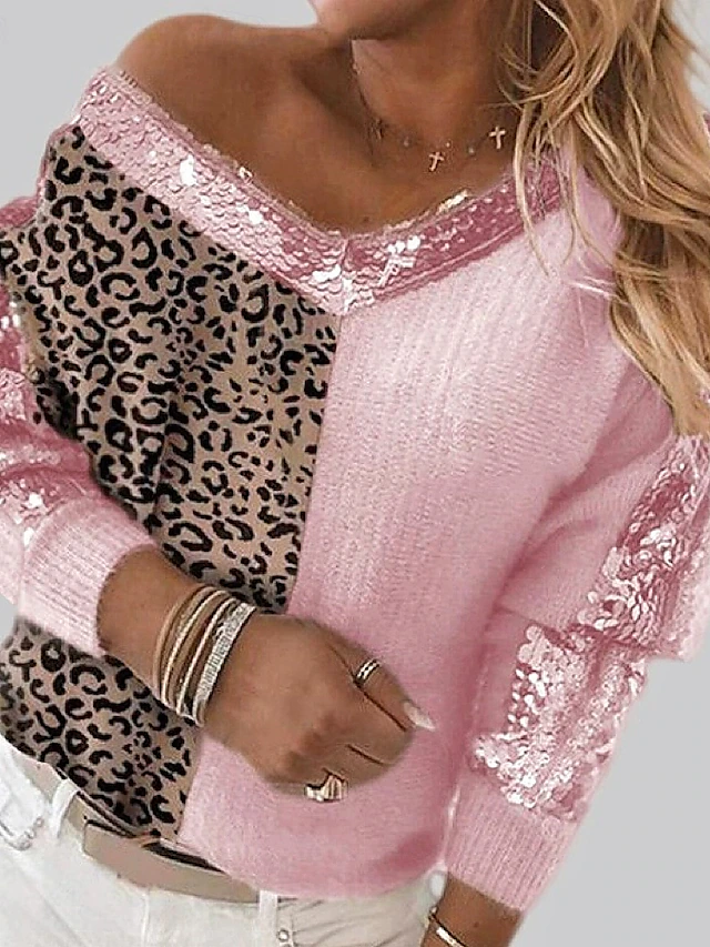 Women's Sweater Pullover Sweater Jumper Casual Soft Leopard Ribbed V Neck Knitted Long Sleeve Regular Tops Knit Outdoor Daily Weekend Pink Camel Fall Winter 6
