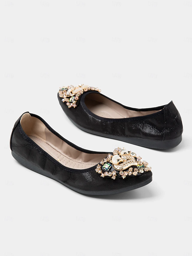 Women's Black Foldable Ballet Flats with Rhinestone & Pearl Embellishments - Compact Travel Shoes for Special Occasions & Everyday Comfort 10