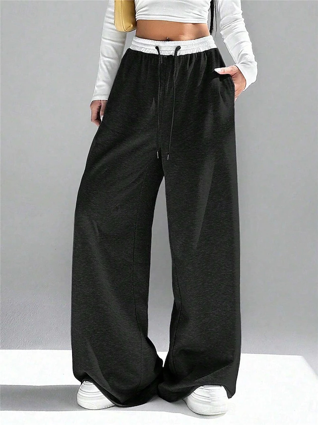 Women's Sweatpants Wide Leg Chinos Fashion Streetwear Full Length High Waist Plain Pocket Elastic Waistband Comfy Soft Comfortable Micro-elastic Outdoor Street Black Gray Spring & Fall Regular Fit 13