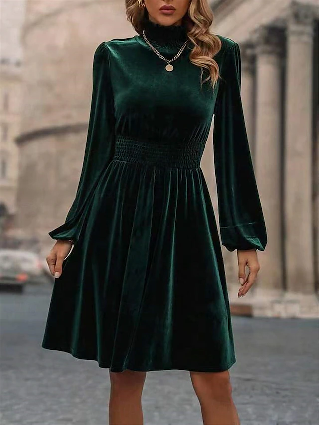 Women's Velvet Dress High Neck Long Sleeve Cinched Waistline Elegant Green Knee-Length Festive Party Wear Winter Clothing Apparel 9
