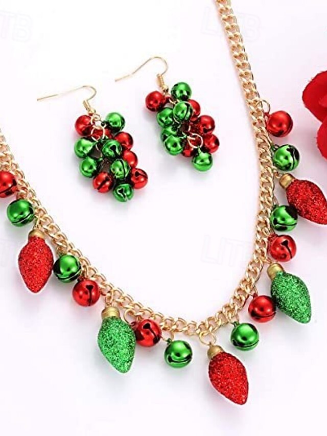 Conjunto festivo de collar y pendientes navideños con campanas navideñas y adornos de bombillas brillantes: perfecto para fiestas navideñas