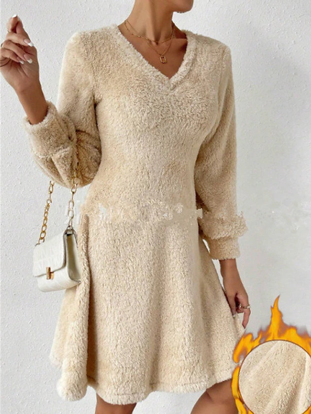 Women's Casual Dress Mini Dress Patchwork Casual V Neck Long Sleeve Black Apricot Gray Color4